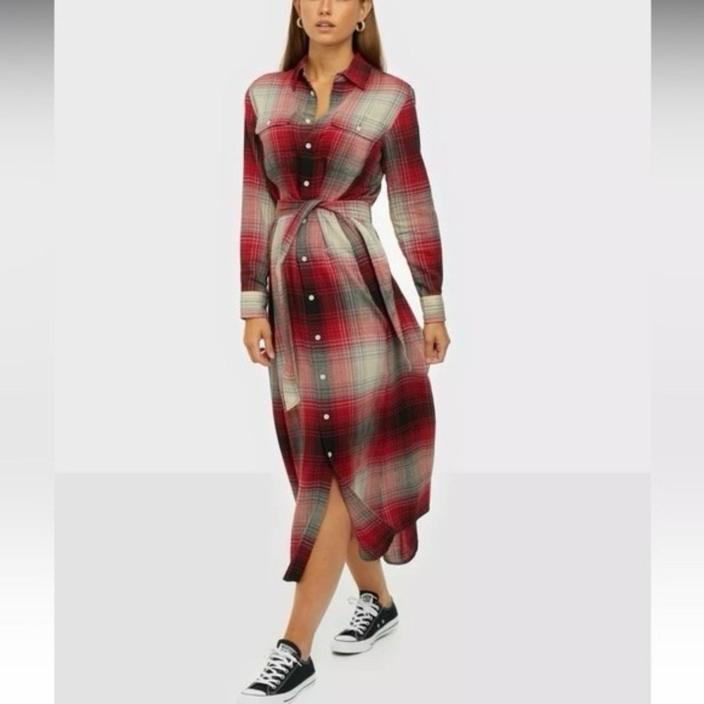 POLO RALPH LAUREN Shirt Dress Midi Size 6 Red Black Plaid Cotton Twill Tie Belt